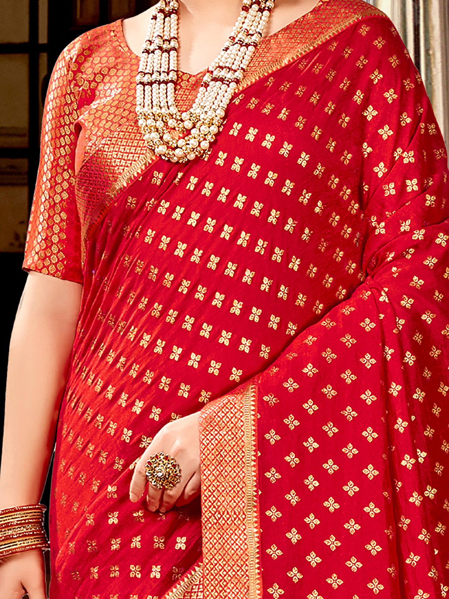 Women's Vichitra Silk Red Embellished Designer Saree With Blouse Piece