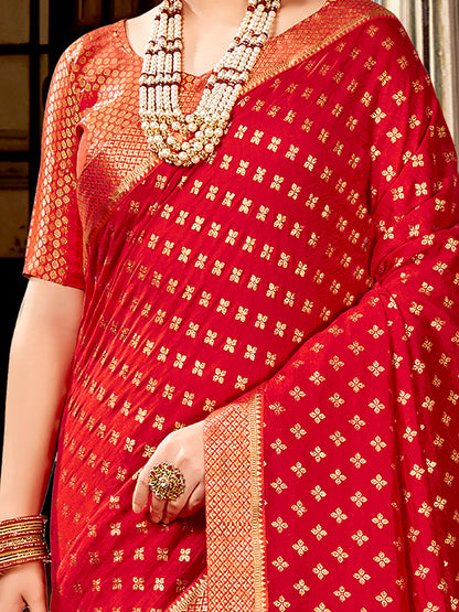 Women's Vichitra Silk Red Embellished Designer Saree With Blouse Piece
