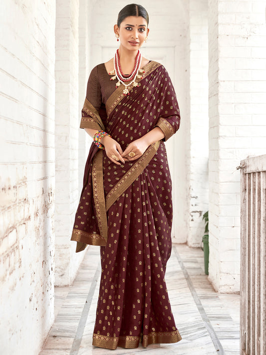 Women's Vichitra Silk Burgundy Embellished Designer Saree With Blouse Piece