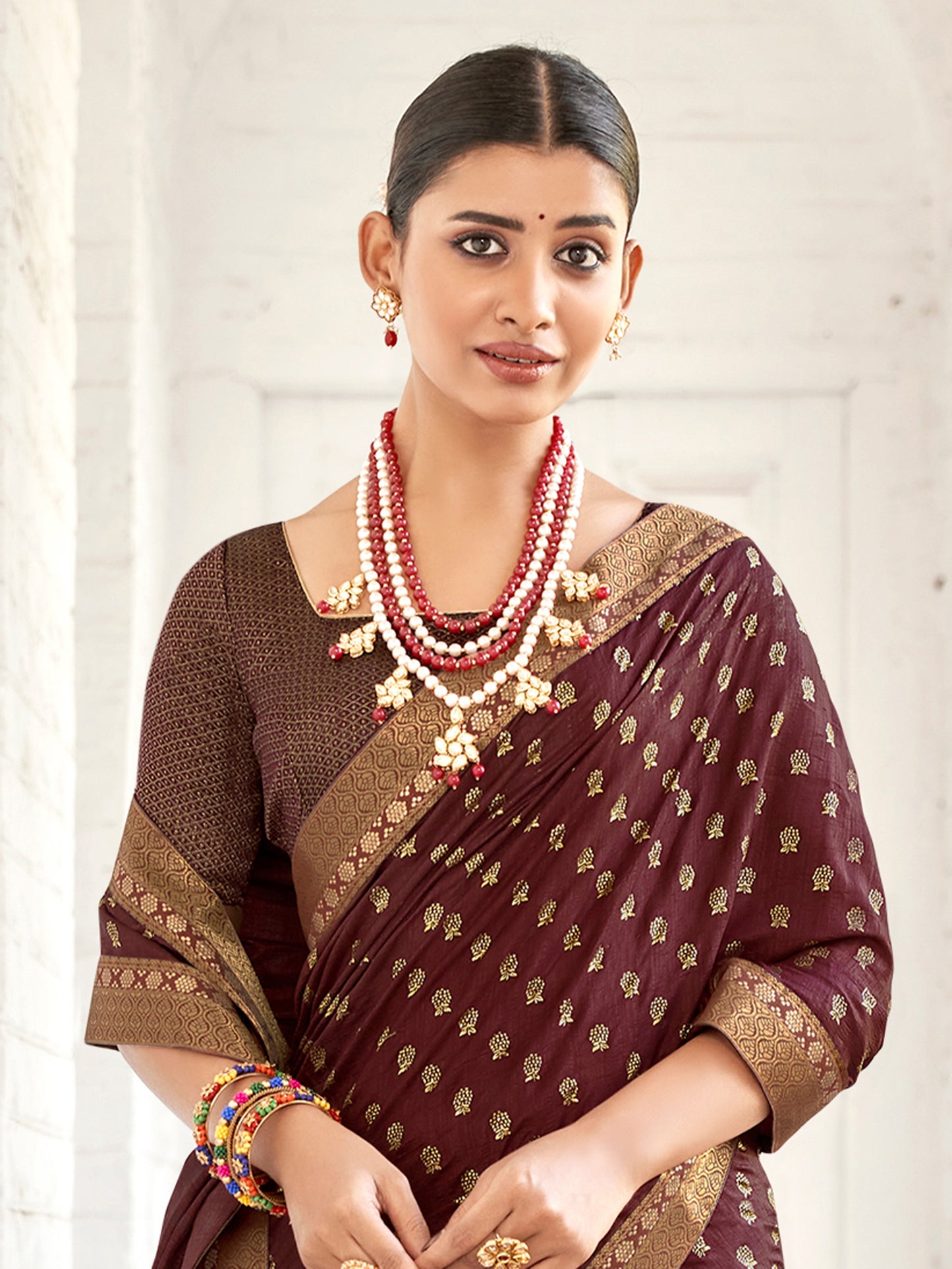 Women's Vichitra Silk Burgundy Embellished Designer Saree With Blouse Piece