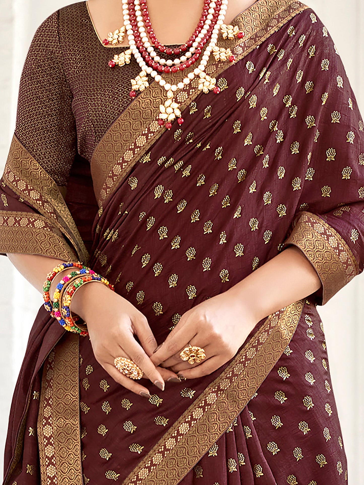 Women's Vichitra Silk Burgundy Embellished Designer Saree With Blouse Piece