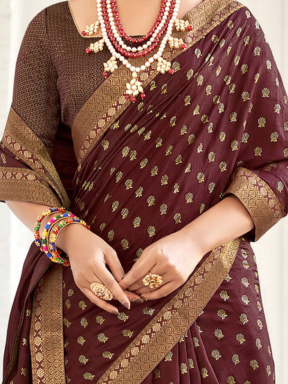 Women's Vichitra Silk Burgundy Embellished Designer Saree With Blouse Piece