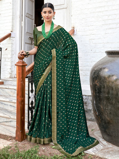 Women's Vichitra Silk Green Embellished Designer Saree With Blouse Piece