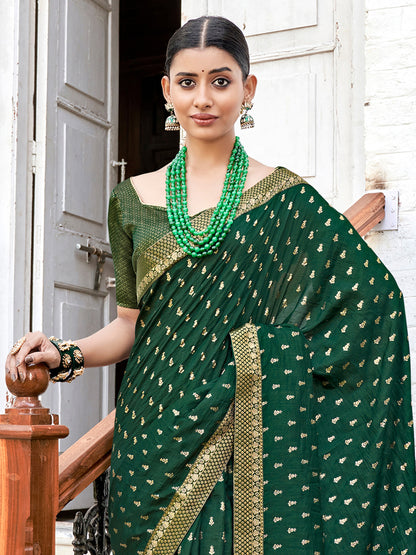Women's Vichitra Silk Green Embellished Designer Saree With Blouse Piece