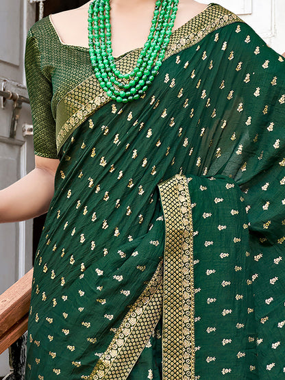 Women's Vichitra Silk Green Embellished Designer Saree With Blouse Piece
