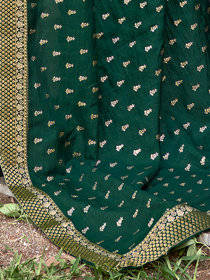 Women's Vichitra Silk Green Embellished Designer Saree With Blouse Piece