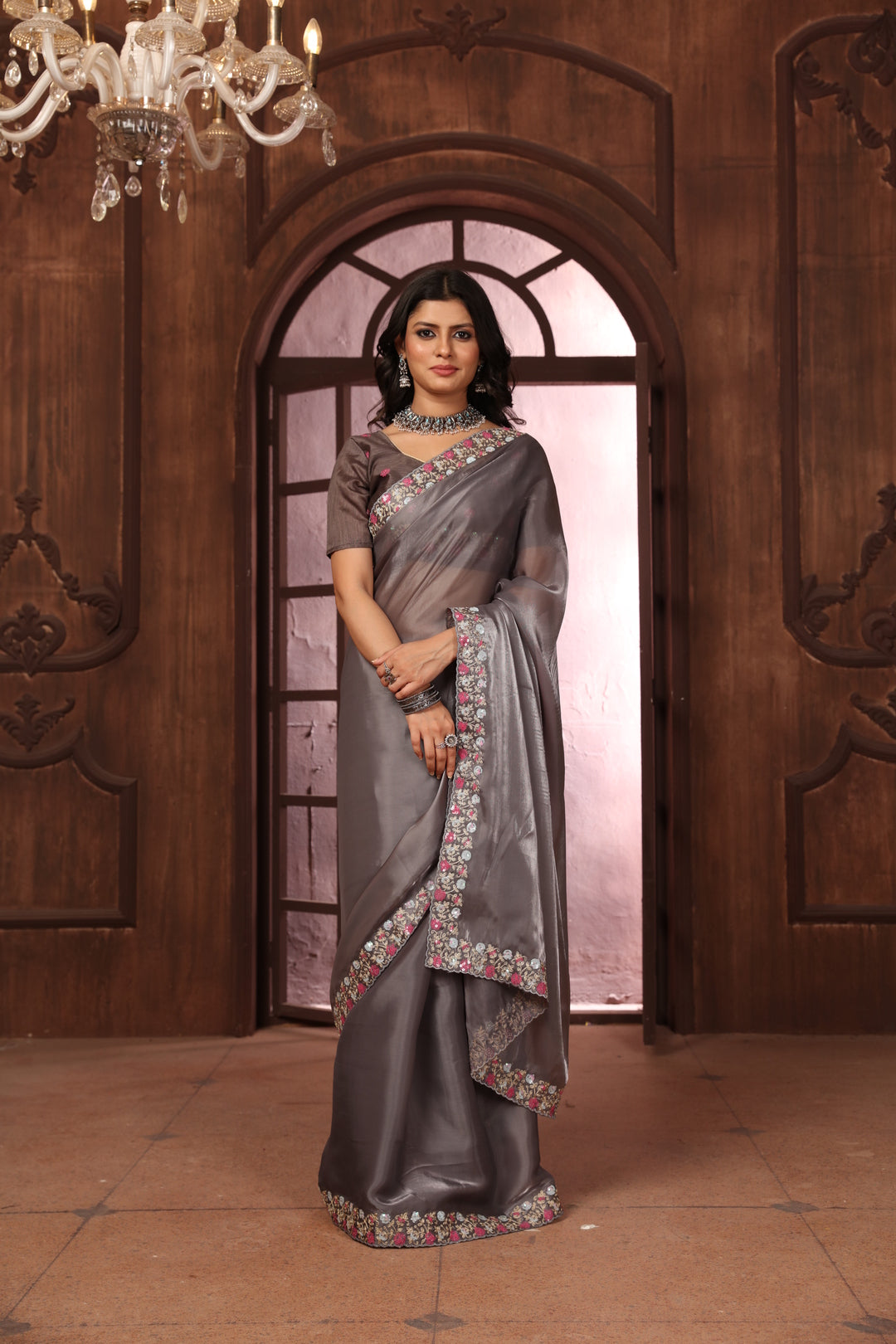 Dhiyona GR Women's Sundri Grey Jimmi Choo Embroidered Saree