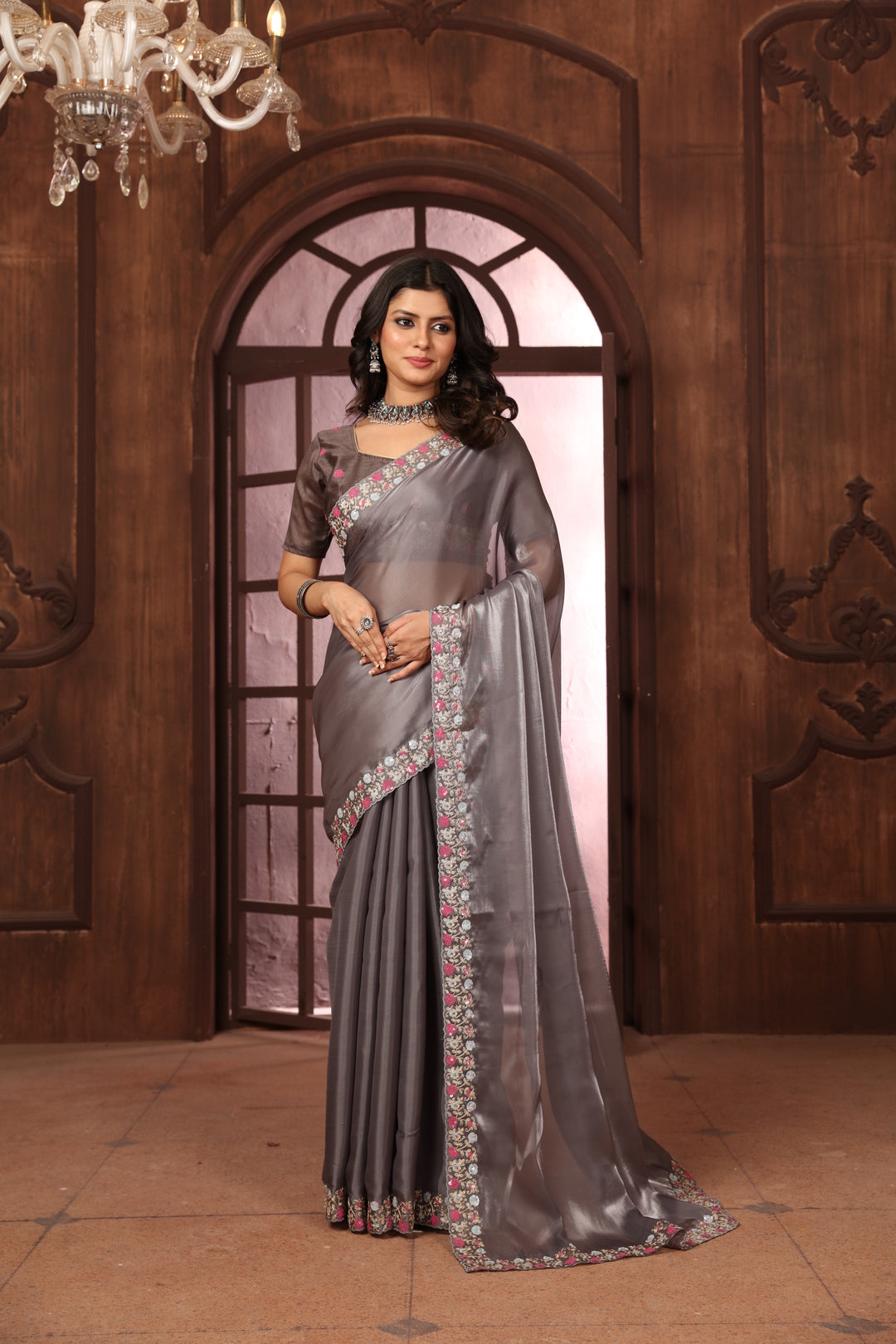 Dhiyona GR Women's Sundri Grey Jimmi Choo Embroidered Saree