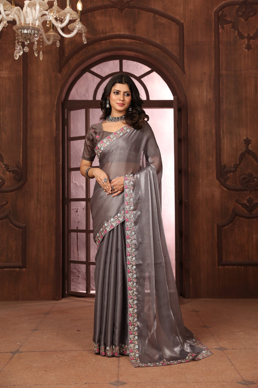 Dhiyona GR Women's Sundri Grey Jimmi Choo Embroidered Saree