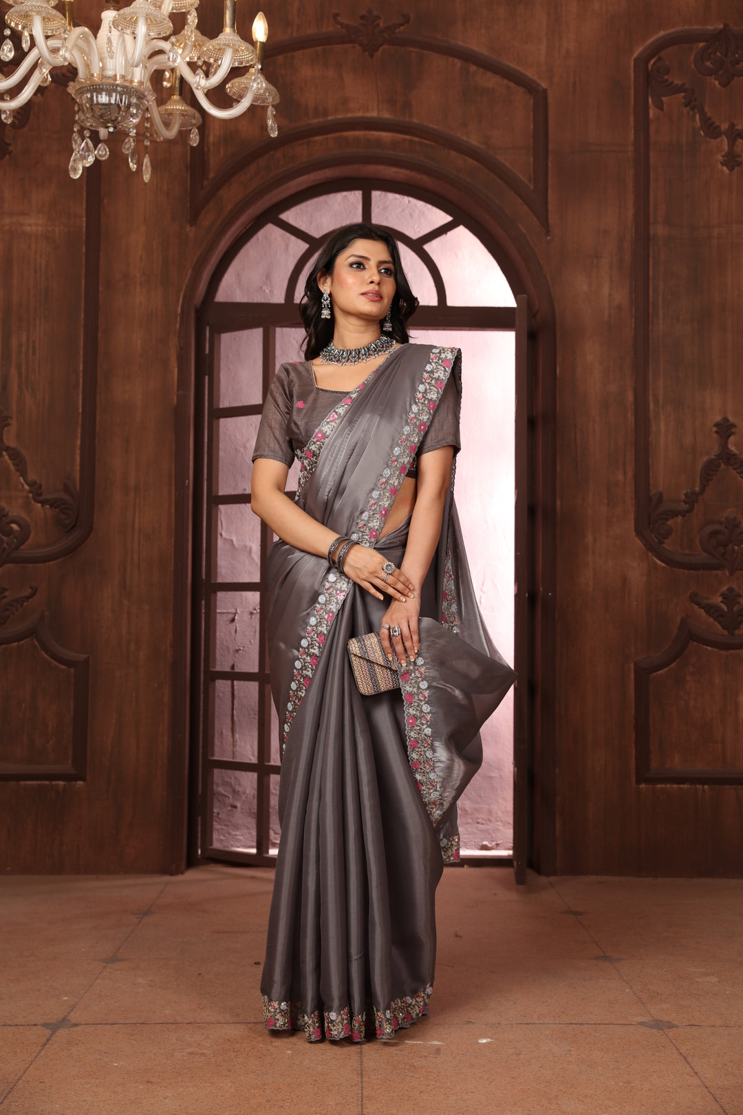 Dhiyona GR Women's Sundri Grey Jimmi Choo Embroidered Saree