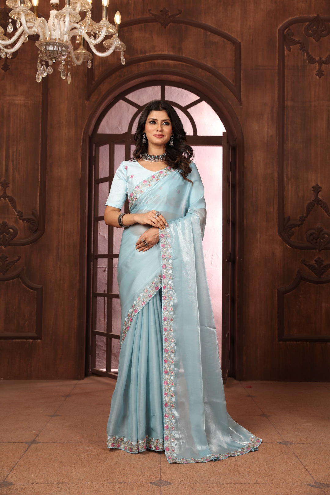 Dhiyona GR Women's Sundri Sky Blue Jimmi Choo Embroidered Saree