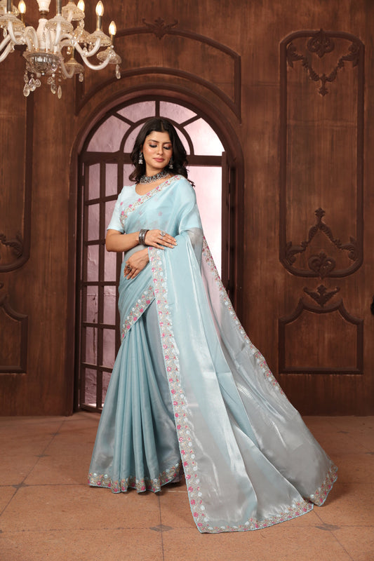 Dhiyona GR Women's Sundri Sky Blue Jimmi Choo Embroidered Saree