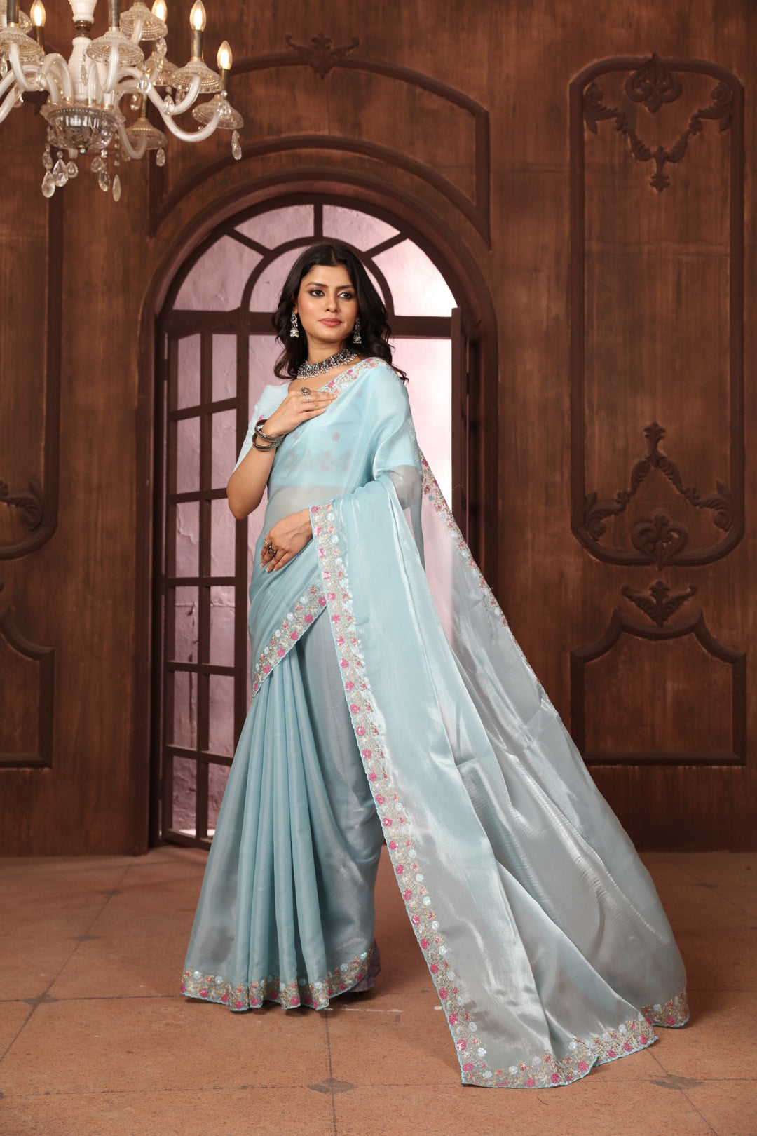 Dhiyona GR Women's Sundri Sky Blue Jimmi Choo Embroidered Saree