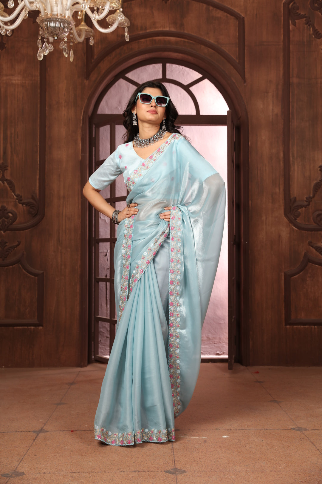 Dhiyona GR Women's Sundri Sky Blue Jimmi Choo Embroidered Saree