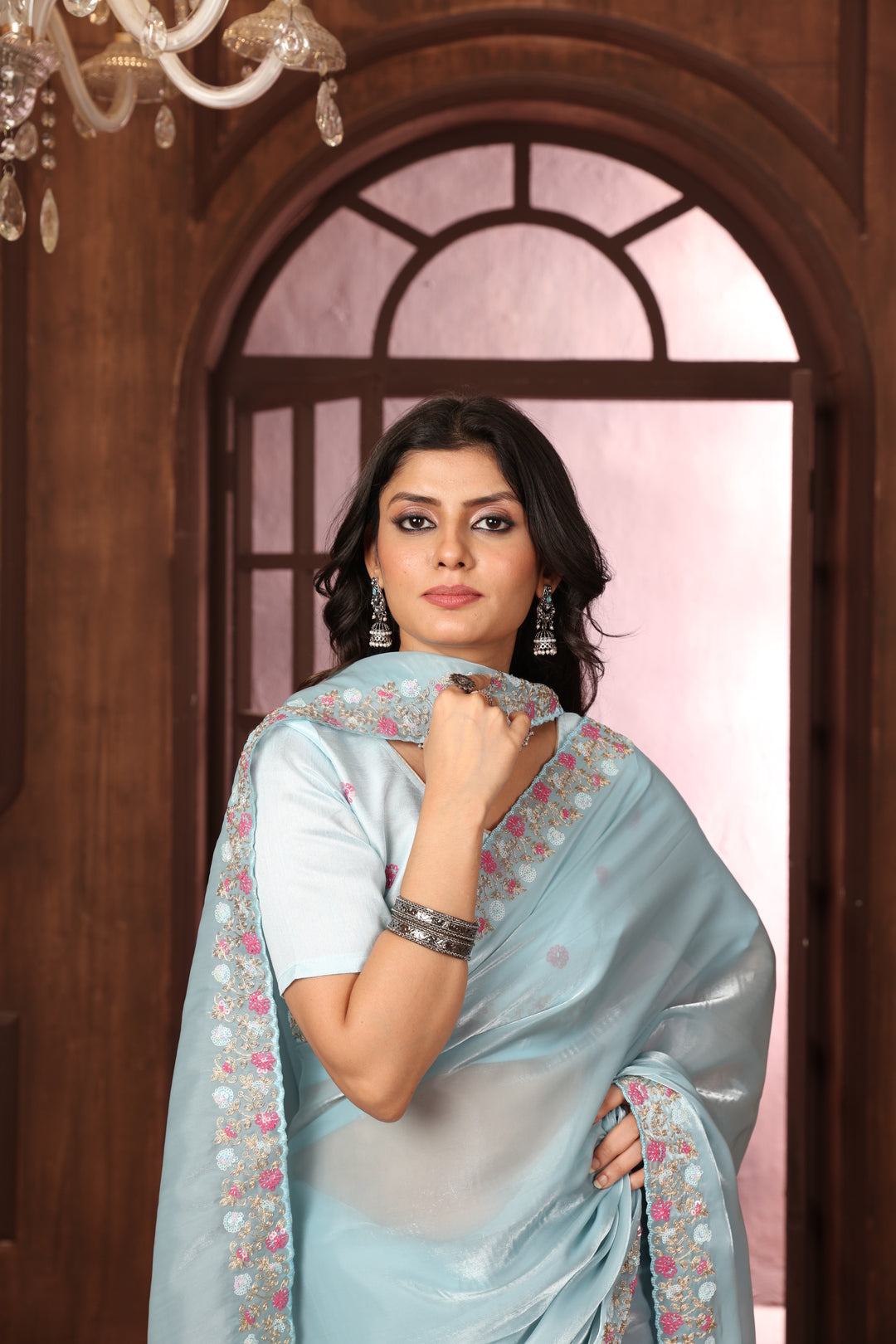 Dhiyona GR Women's Sundri Sky Blue Jimmi Choo Embroidered Saree