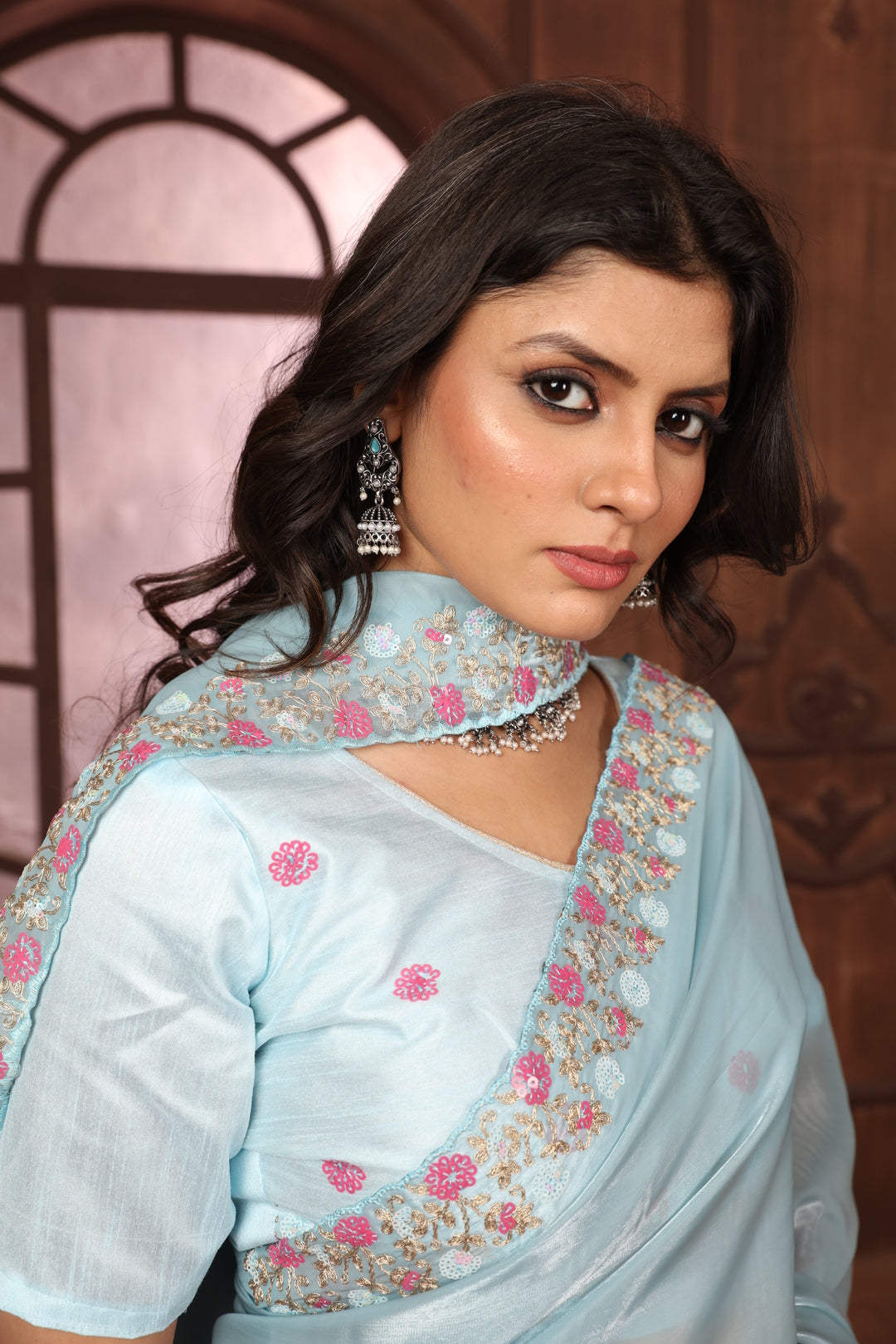 Dhiyona GR Women's Sundri Sky Blue Jimmi Choo Embroidered Saree