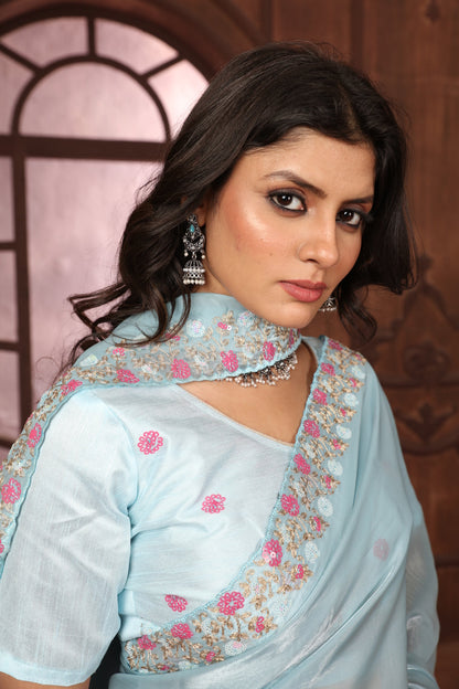 Dhiyona GR Women's Sundri Sky Blue Jimmi Choo Embroidered Saree