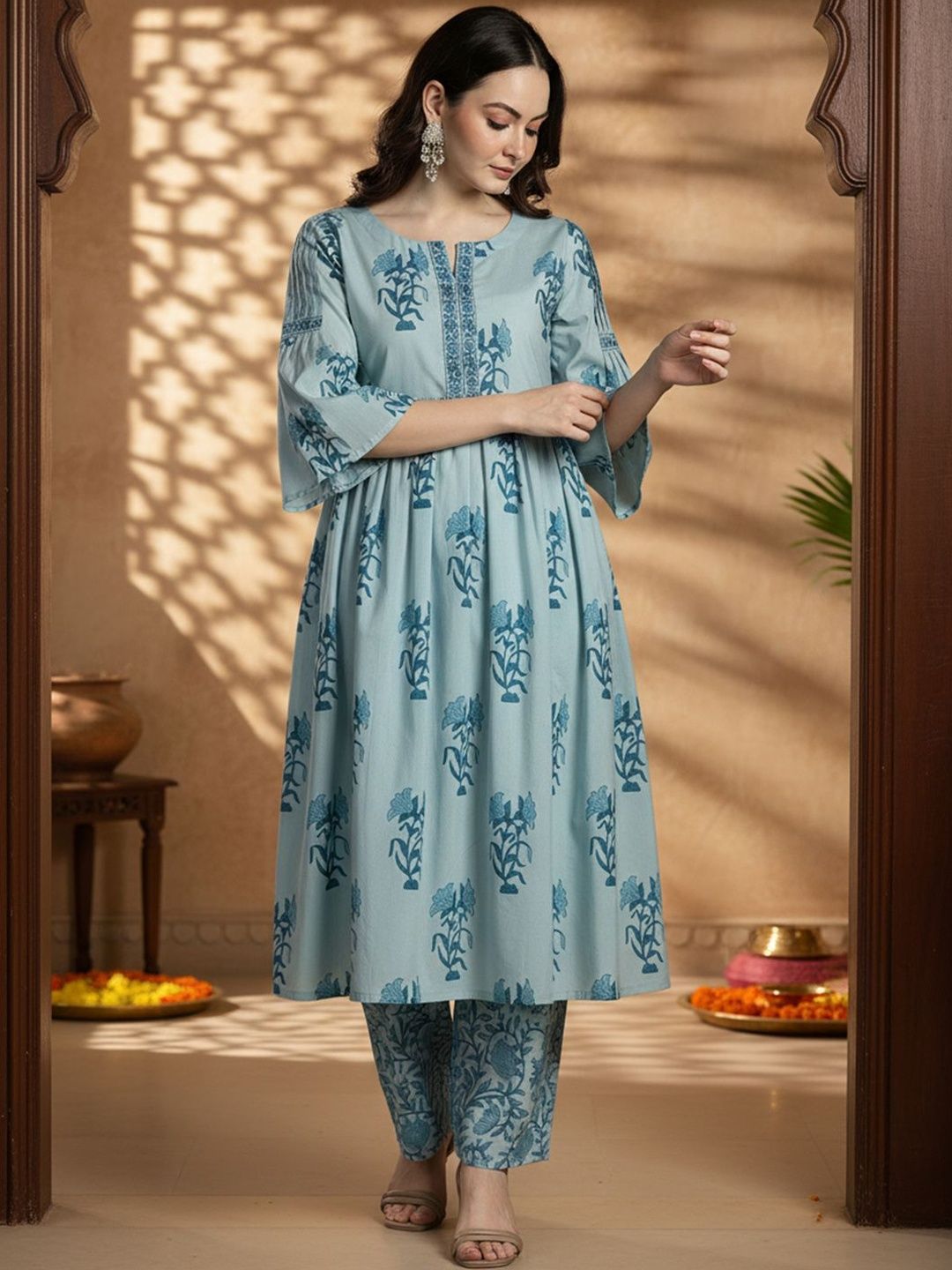 Dhiyona IE Floral Printed Empire Notch Neck Pure Cotton A-Line Kurta With Palazzos