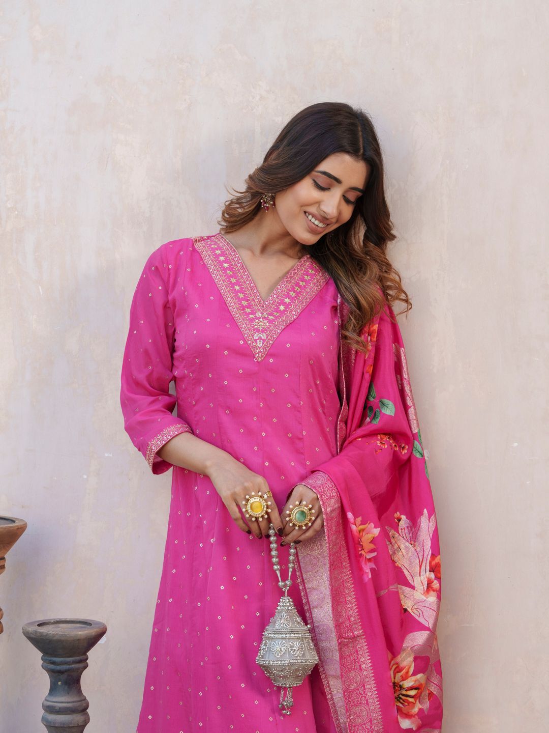 Dhiyona PD Women Bandhani Printed V-Neck Panelled Anarkali Kurta With Trouser & Dupatta