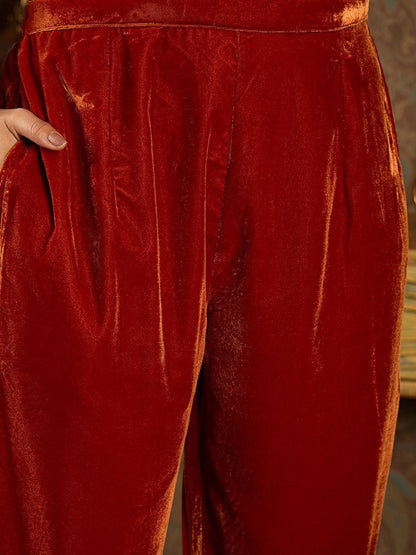 Dhiyona IE Ethnic Motifs Embroidered Thread Work Velvet Kurta with Trouser & Dupatta