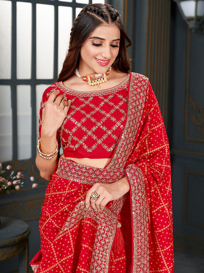Women's Vichitra Silk Red Embellished Designer Saree With Blouse Piece