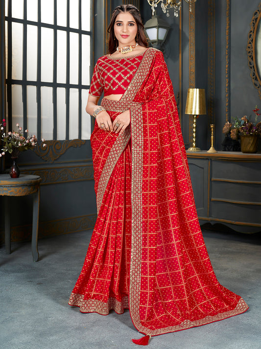 Women's Vichitra Silk Red Embellished Designer Saree With Blouse Piece