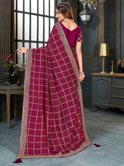 Women's Vichitra Silk Magenta Embellished Designer Saree With Blouse Piece