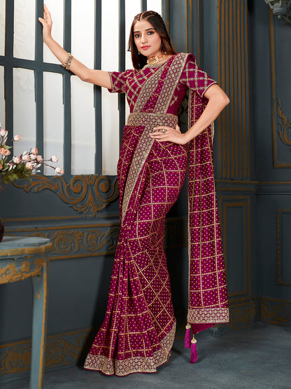Women's Vichitra Silk Magenta Embellished Designer Saree With Blouse Piece