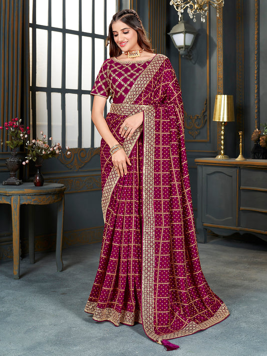 Women's Vichitra Silk Magenta Embellished Designer Saree With Blouse Piece
