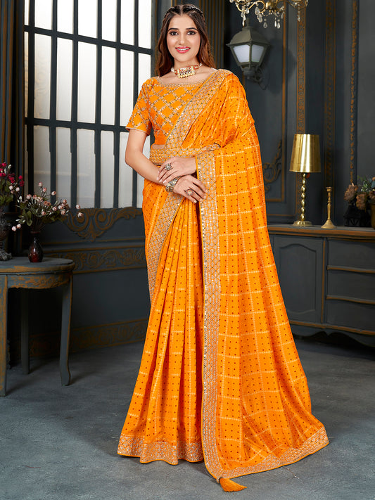 Women's Vichitra Silk Yellow Embellished Designer Saree With Blouse Piece