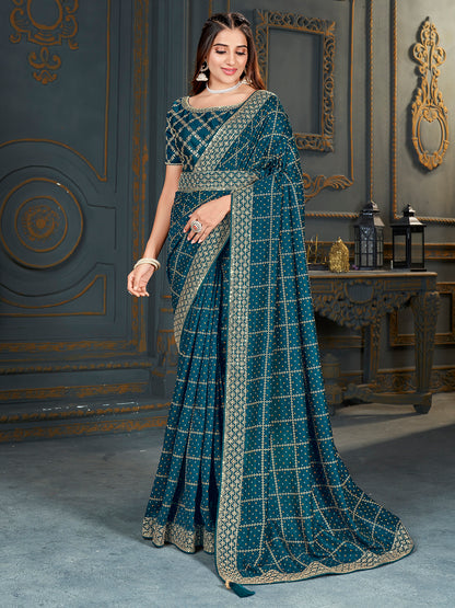 Women's Vichitra Silk Teal blue Embellished Designer Saree With Blouse Piece