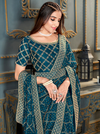 Women's Vichitra Silk Teal blue Embellished Designer Saree With Blouse Piece