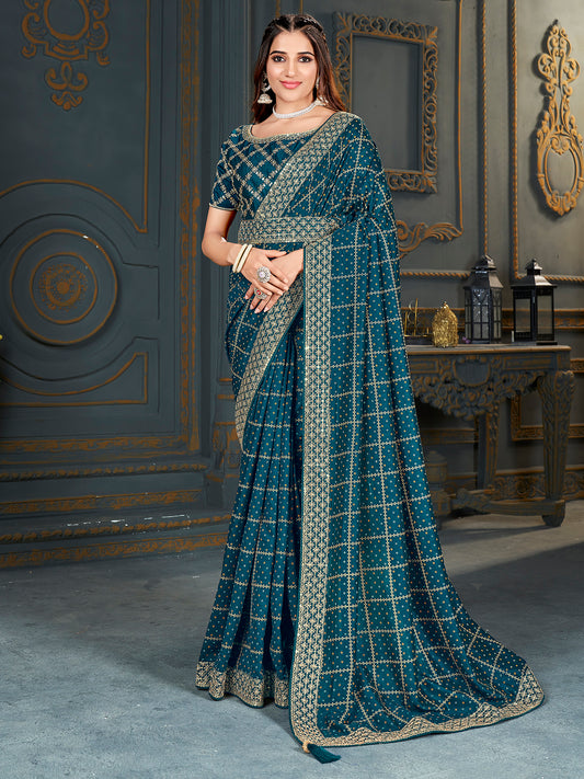 Women's Vichitra Silk Teal blue Embellished Designer Saree With Blouse Piece