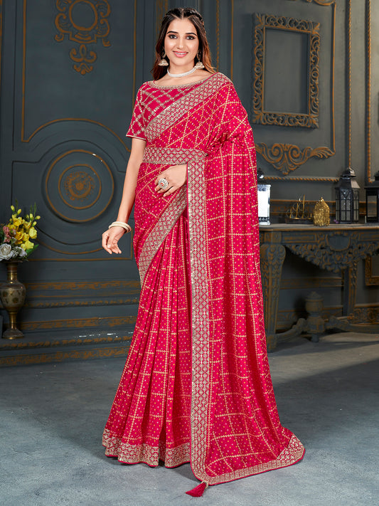 Women's Vichitra Silk Pink Embellished Designer Saree With Blouse Piece