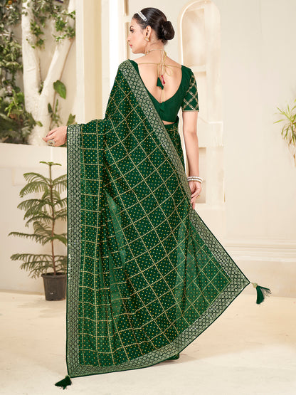 Women's Vichitra Silk Green Embellished Designer Saree With Blouse Piece