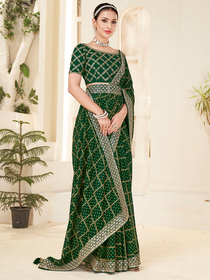 Women's Vichitra Silk Green Embellished Designer Saree With Blouse Piece