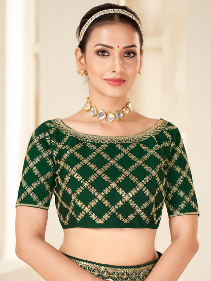 Women's Vichitra Silk Green Embellished Designer Saree With Blouse Piece