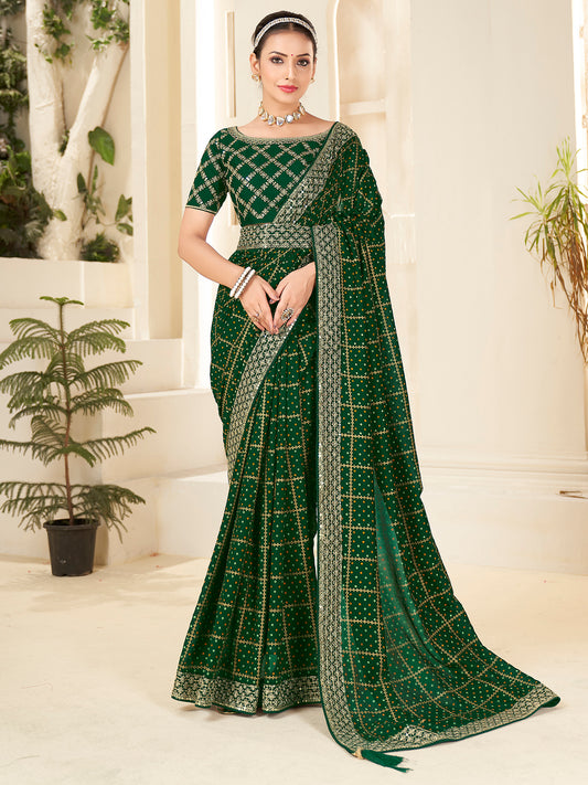 Women's Vichitra Silk Green Embellished Designer Saree With Blouse Piece