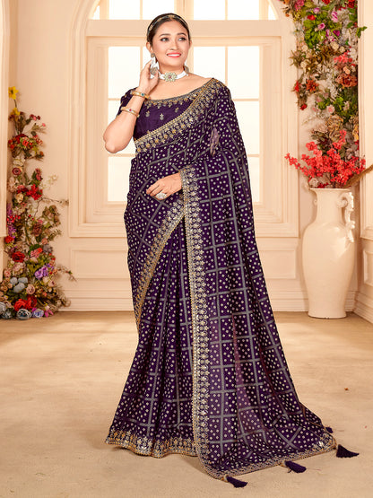 Women's Vichitra Silk Purple Embellished Designer Saree With Blouse Piece