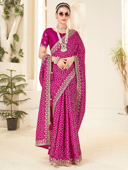 Women's Vichitra Silk Pink Embellished Designer Saree With Blouse Piece