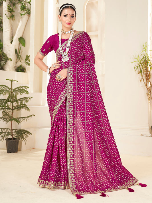 Women's Vichitra Silk Pink Embellished Designer Saree With Blouse Piece