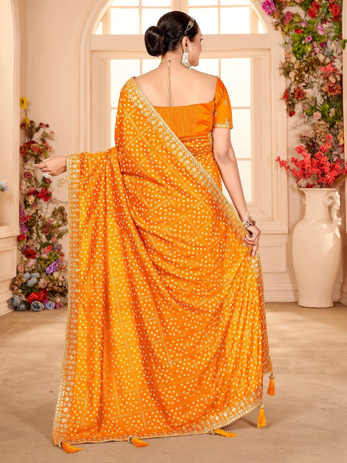 Women's Vichitra Silk Yellow Embellished Designer Saree With Blouse Piece