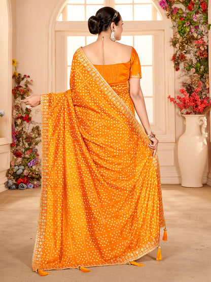 Women's Vichitra Silk Yellow Embellished Designer Saree With Blouse Piece