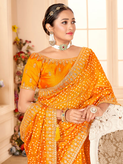 Women's Vichitra Silk Yellow Embellished Designer Saree With Blouse Piece