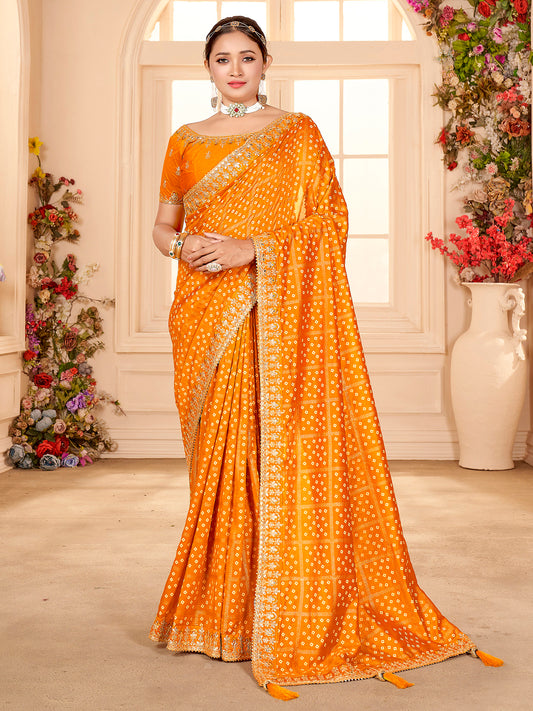 Women's Vichitra Silk Yellow Embellished Designer Saree With Blouse Piece