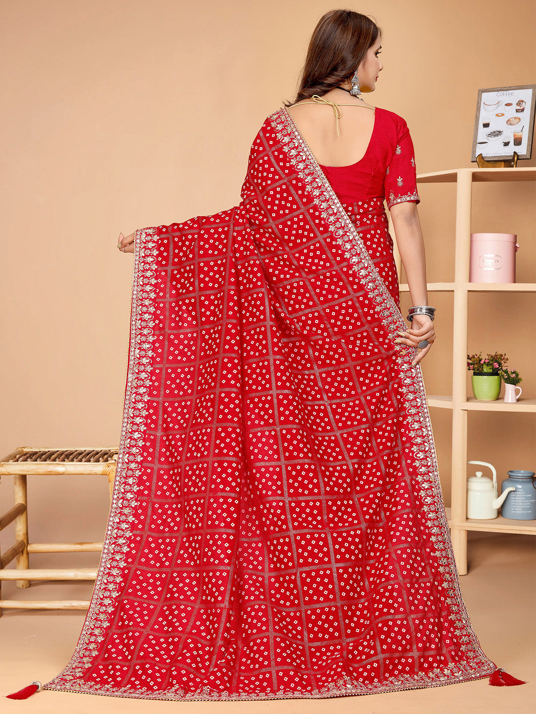 Women's Vichitra Silk Red Embellished Designer Saree With Blouse Piece