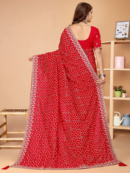 Women's Vichitra Silk Red Embellished Designer Saree With Blouse Piece