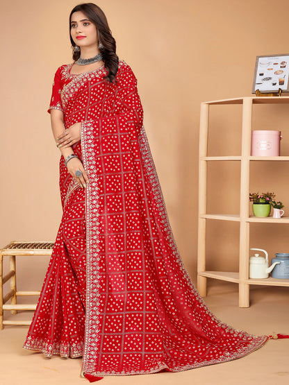 Women's Vichitra Silk Red Embellished Designer Saree With Blouse Piece