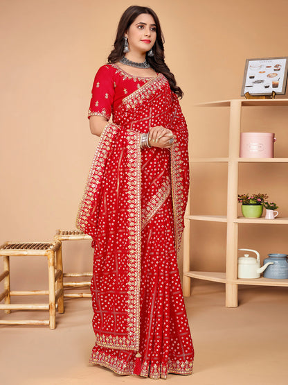 Women's Vichitra Silk Red Embellished Designer Saree With Blouse Piece