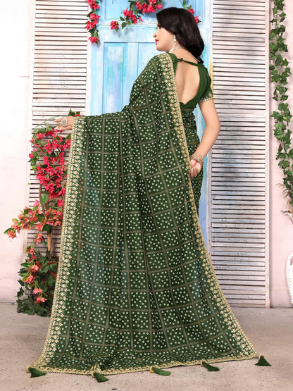 Women's Vichitra Silk Green Embellished Designer Saree With Blouse Piece